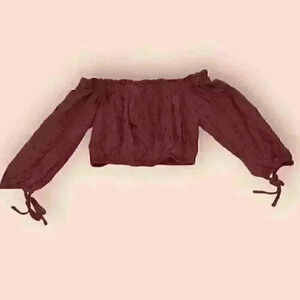 ILLA ILLA Maroon Off-The-Shoulder Crop Top Tie Neck Long Sleeve Blouse Size S